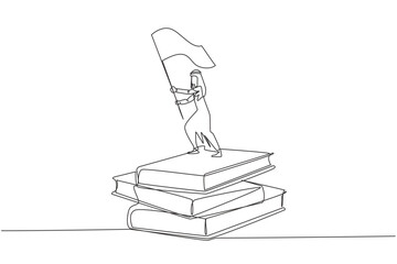 Poster - Single one line drawing of Arabian businessman standing on stacks of giant books raising flag. Reading improves his skills in business world to become a successful entrepreneur. Continuous line design