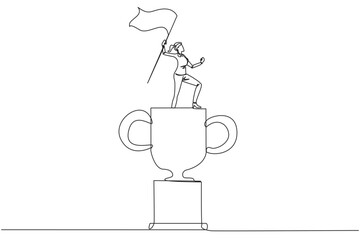 Poster - Single continuous line drawing young businesswoman standing on giant trophy. Raising flag as victory for business achievement. Determination for career success concept. One line design illustration