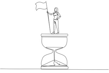Poster - Continuous one line drawing businesswoman standing on giant hourglass holding flag. Business strategy related on time management. Businesswoman who can manage times well. Single line draw design