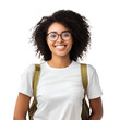 Black female American student smiling happily on PNG transparent background
