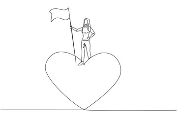 Poster - Single continuous line drawing of young successful businesswoman standing on giant symbol heart holding flag of victory. Businesswoman with big heart doing charity. One line design vector illustration