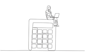 Poster - Continuous one line drawing young Arabian businesswoman sitting on giant calculator working on laptop computer. Calculating financial profit or passive income. Online payment. Single line draw design