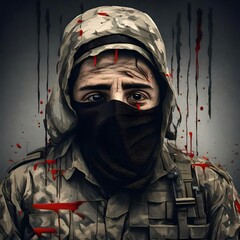 Wall Mural - image of a man soldier that depicts the sadness and fear that comes with war and  terrorism