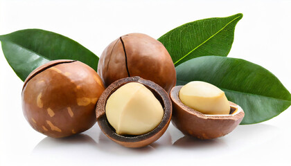 Wall Mural - Macadamia kernel with leaves on white background