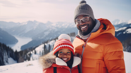 Happy, smiling, afro american family dad with daughter snowy mountains at ski resort, during vacation and winter holidays.