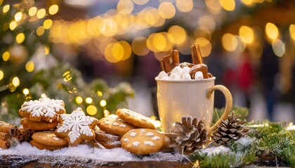 Wall Mural - Warmth and Wonder: Christmas Market Lights with Hot Drink and Cookies