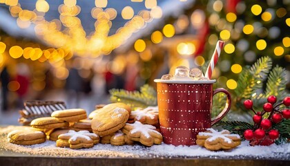 Wall Mural - Holiday Warmth: Hot Drink, Cookies, and Market Lights