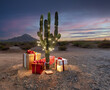 © Scope Images - A festive Christmas cactus with illuminated decorations and gifts in a desert landscape at sunset