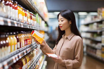 Wall Mural - young adult Asian woman choosing a product in a grocery store. Neural network generated image. Not based on any actual person or scene.