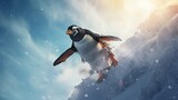 A playful penguin sliding down an icy slope, embodying the joys of winter.