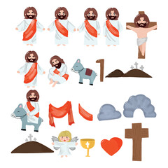 set of happy jesus christian cartoon character. template design.holly bimble, christian cross, heart, wine, cave christian . watercolor