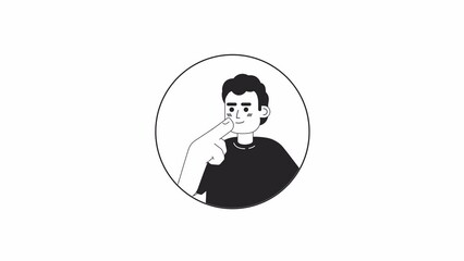 Poster - Spanish latin american male touching chin black and white 2D avatar animation. Curly hair latino guy thoughts stares outline cartoon 4K video, alpha channel. Making decision animated portrait isolated