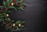 Fototapeta Nowy Jork - Top view of christmas decoration on wood background, Generative AI.