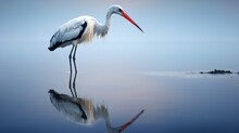A Stork, Standing One-legged, Its Reflection Perfectly Mirrored In Calm Waters Below.