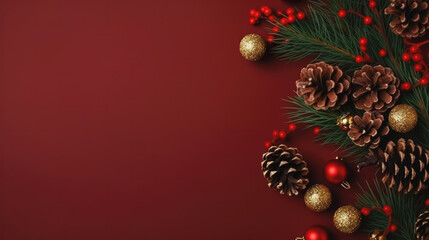 Wall Mural - Top view of Christmas decoration on red paper background, Generative AI.