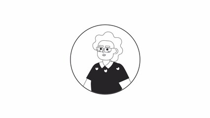 Poster - Eyeglasses grandmother relaxed smiling black and white 2D avatar animation. Posing eyeglasses retired woman outline cartoon 4K video, alpha channel. Positive headshot animated portrait isolated