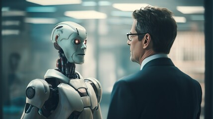 Poster - Robots face leaders, robots and organizations, robots and businesses, technology and development.
