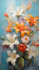 Oil painting flowers on canvas. Colorful floral background.	