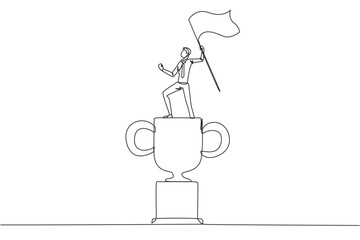 Poster - Single continuous line drawing young businessman standing on giant trophy. Raising flag as victory for business achievement. Determination for career success concept. One line design illustration
