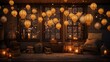 Classic paper lanterns illuminating a cozy room filled with Christmas decor.