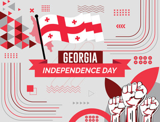 Georgia national day banner with map, flag colors theme background and geometric abstract retro modern colorfull design with raised hands or fists.