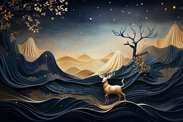 a paper art style illustration of a mountain landscape with deer