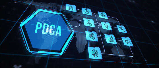 PDCA Plan Do Act Check Business technology concept. Technology, Internet and network concept. 3d illustration