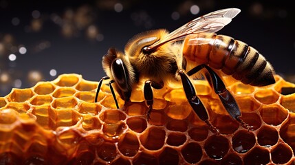 Wall Mural - Portrait Honey Bee building a bee hive, honeycomb. AI generated image