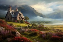 Charming Stonework Cottage Amidst Surreal Highland Landscape With Mountains, Hills, Wild Flowers, Clouds, And Fog. Generative AI