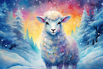 Wall Mural - illustration of a cute sheep in the snow, magical winter art