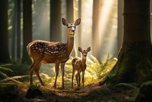 Adorable Baby Deer Standing Alongside Its Mother In A Sun-dappled Forest, AI-generated.