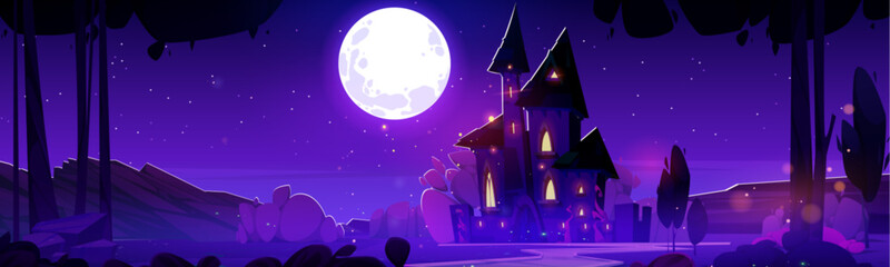 Wall Mural - Nighttime cartoon landscape with fairytale royal medieval castle in countryside under light of full moon. Vector twilight dark purple scene with kingdom palace with towers, glowing windows and gates.