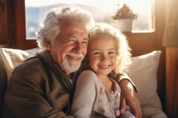 Wall Mural - An elderly man with a little girl in the room. They hug, have fun and rejoice at the meeting. Meeting of granddaughter and her grandfather. Caring for the elderly. Family values.