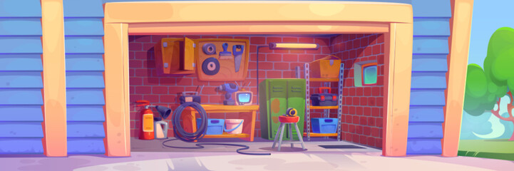 Wall Mural - Garage room interior with furniture and instruments. Vector cartoon illustration of home workshop with repair equipment on wooden board, old tv and radio on desk, metal locker storage, green backyard