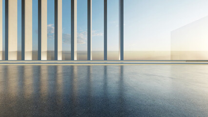 Fototapete - 3d render of abstract futuristic architecture with empty concrete floor. Scene for car presentation.
