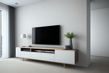 TV on cabinet in modern living room on white wall background, 3d rendering. Template