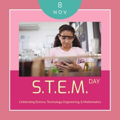 Sticker - Composite of 8 nov, stem day text with biracial girl using digital tablet in laboratory