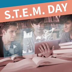 Poster - Composite of stem day text and caucasian teen boys using tablet with digital dna helix and graphs