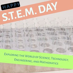 Poster - Composite of happy stem day text with empty test tubes in rack