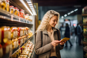 Wall Mural - young adult Caucasian woman choosing a product in a grocery store. Neural network generated image. Not based on any actual person or scene.