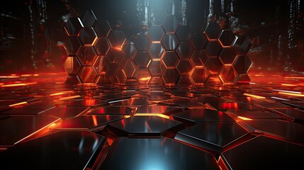 Poster - Dark abstract background of hexagonal cells and squares with a futuristic hi-tech energy glow