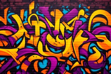 Graffiti background on a brick wall, black yellow purple