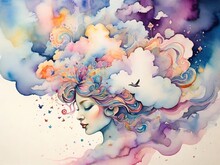 Dreamy Woman Swirling Thoughts And Ideas Ethereal Clouds Coloured Watercolour Painting 04