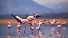 Beautiful View Of Pink Flamingos Flying Over Lake Water. AI Generated Image