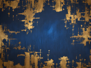 Abstract dark blue and gold painting on canvas background, Generative AI