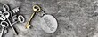 2024 engraved on a ring of an golden old key on wooden background with other silver keys