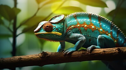 Wall Mural - Beautiful of chameleon on branch blur nature background. AI generated image