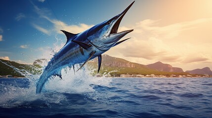 Close up Black marlin fish jumping to mid air over sea. AI generated image