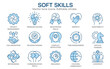 © lovemask - Soft skills flat icons, such as leadership, teamwork, problem solving, empathy and more. Editable stroke.