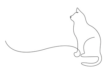Wall Mural - Continuous one line drawing of cat. Cat sitting with curled tail. Isolated on white background vector illustration. Pro vector. 